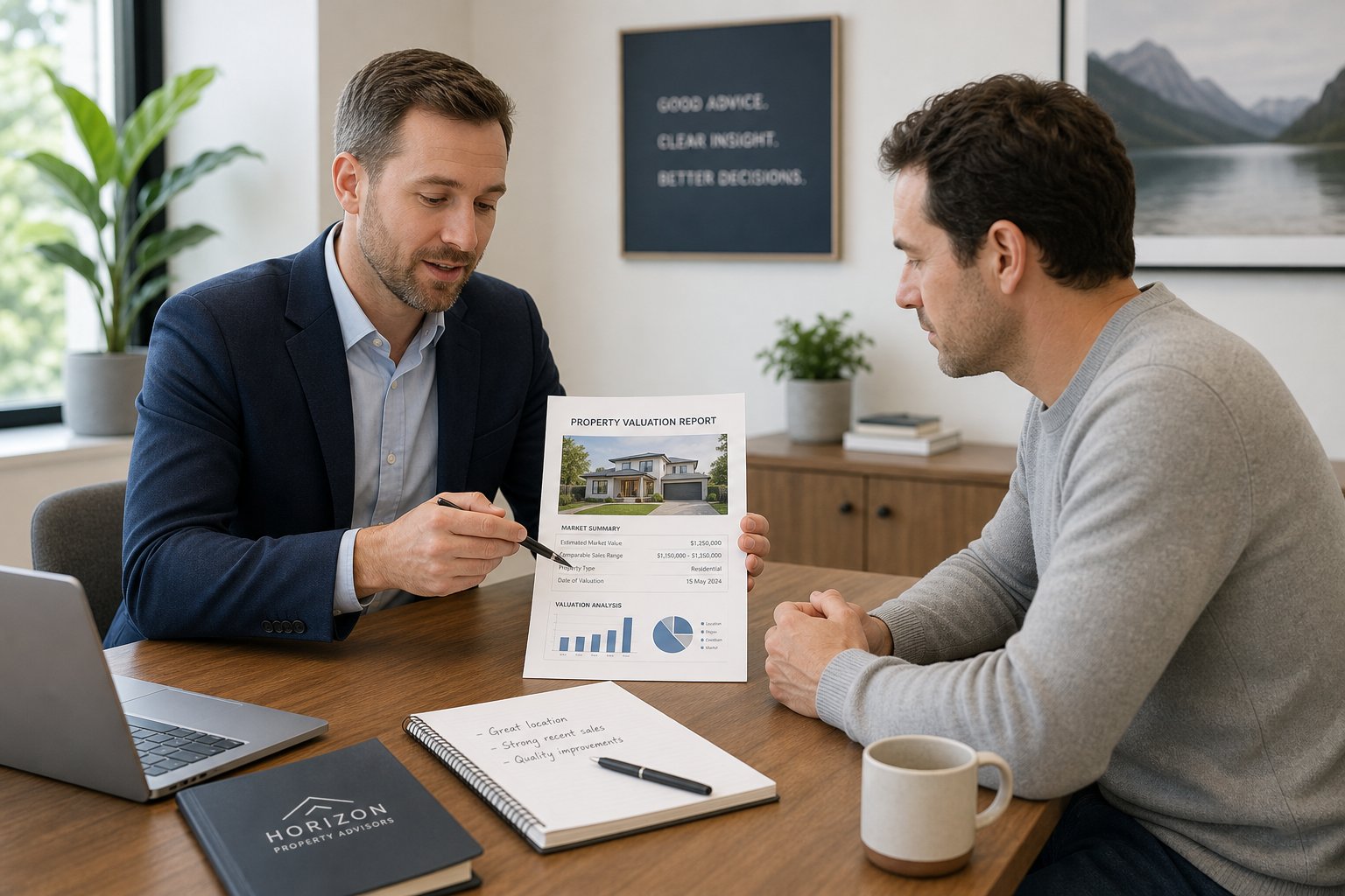Advisor explaining a property valuation report to a client in a bright office interior.
