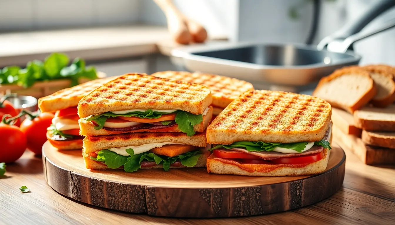 assorted healthy paninis on a wooden board with fresh ingredients.