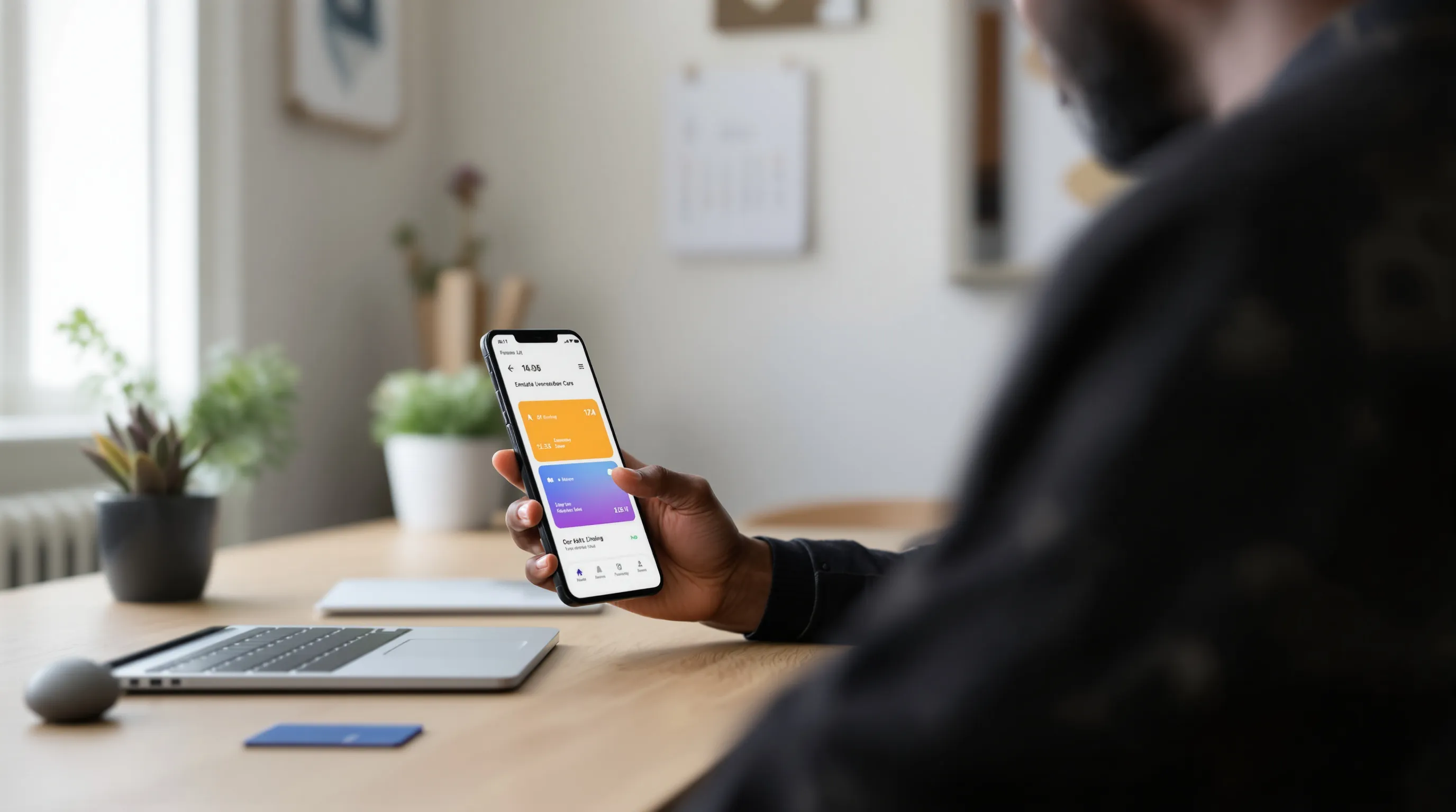 Person using smartphone with digital banking app and payment card on modern desk.