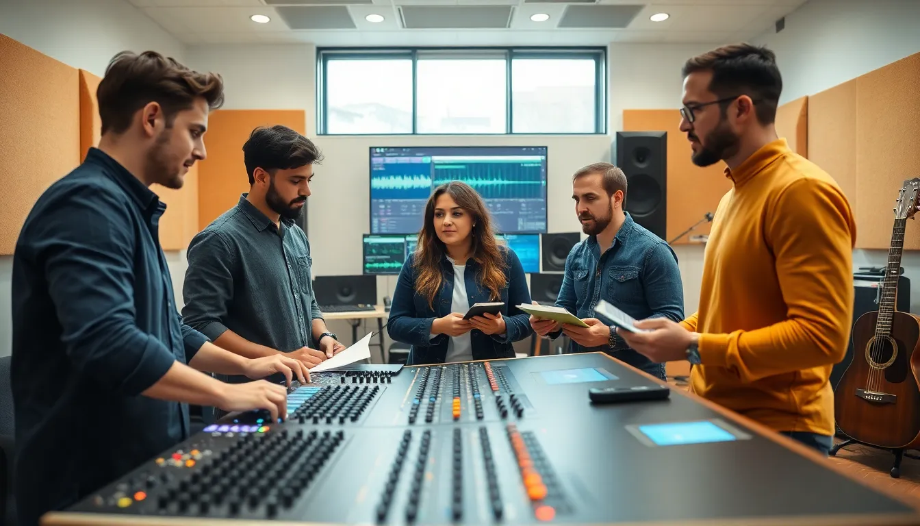 three music producers collaborating in a modern studio.