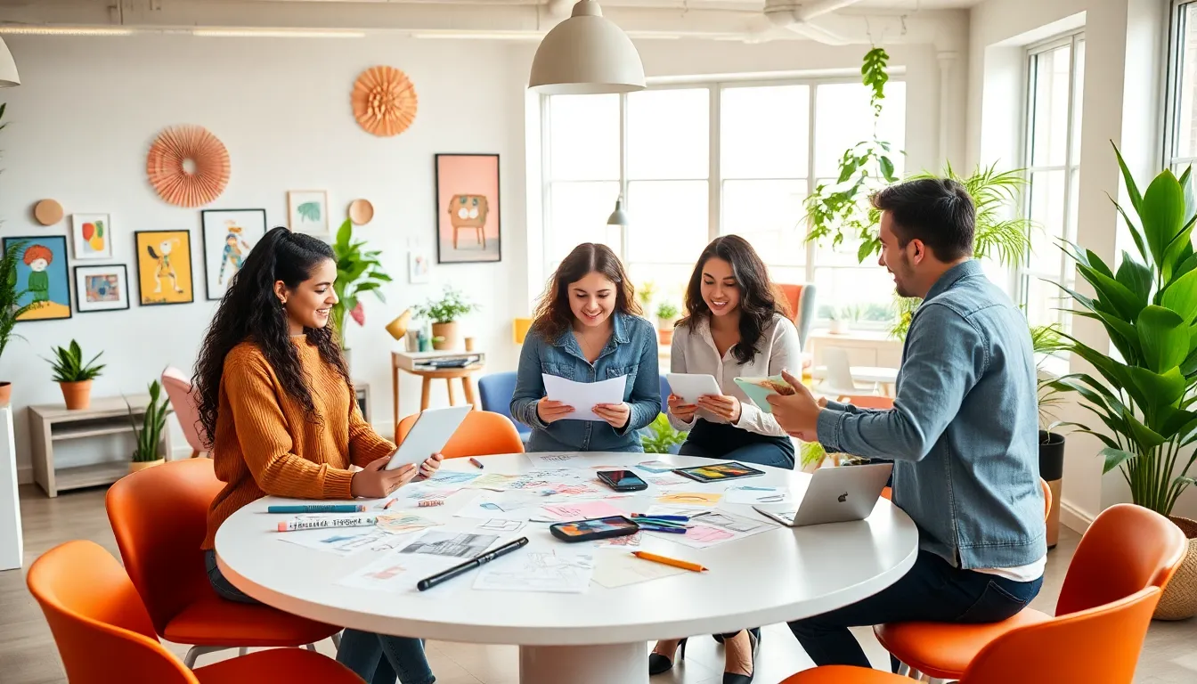 diverse Gen Z team collaborating on design trends in a modern office.