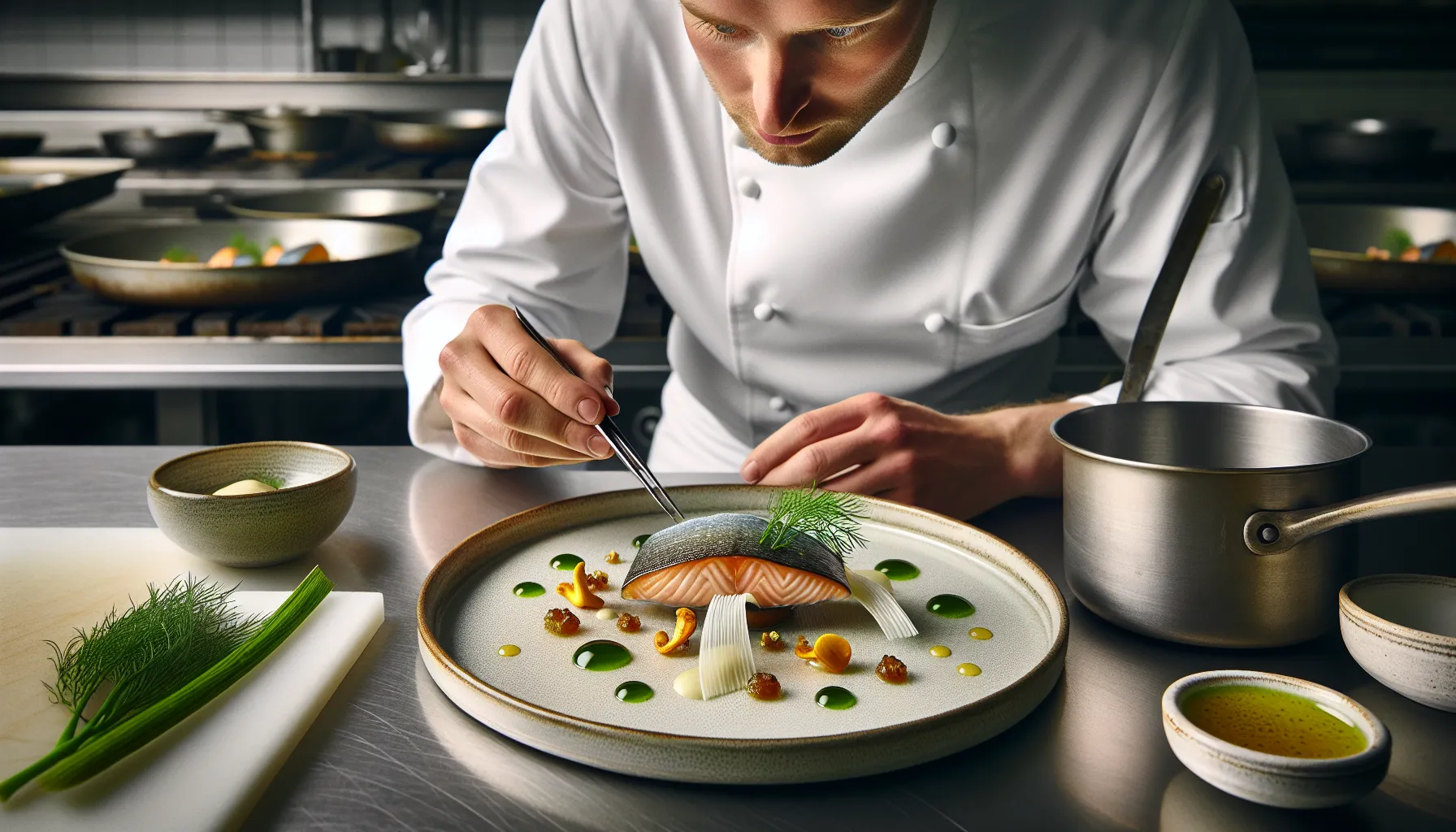 Chef precisely plates a refined nordic fish dish under warm pass lights.