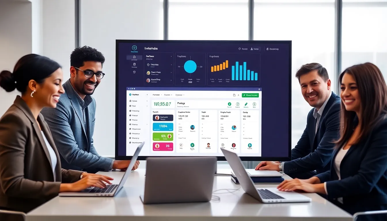 diverse team collaborating in a modern office while using Immorpos35.3 software.