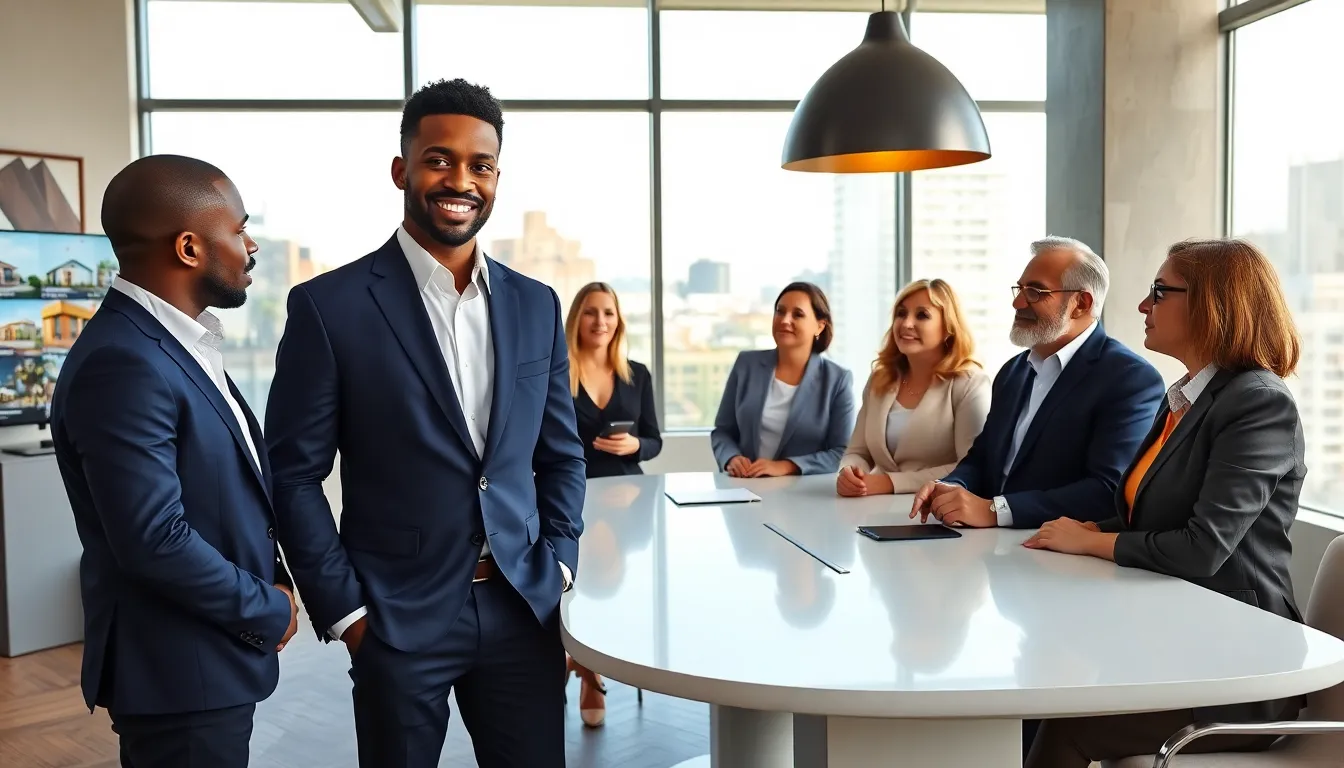 A real estate agent discussing with diverse clients in a modern office.
