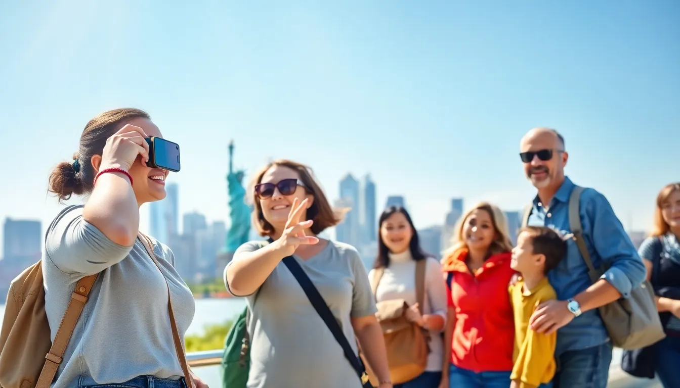 diverse travelers exploring a landmark in a U.S. urban setting.