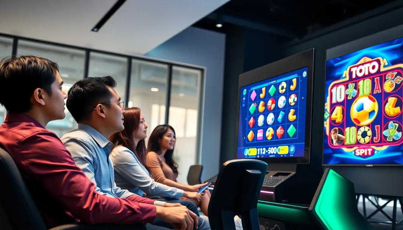 diverse professionals enjoying Toto slots in a modern gaming setting.