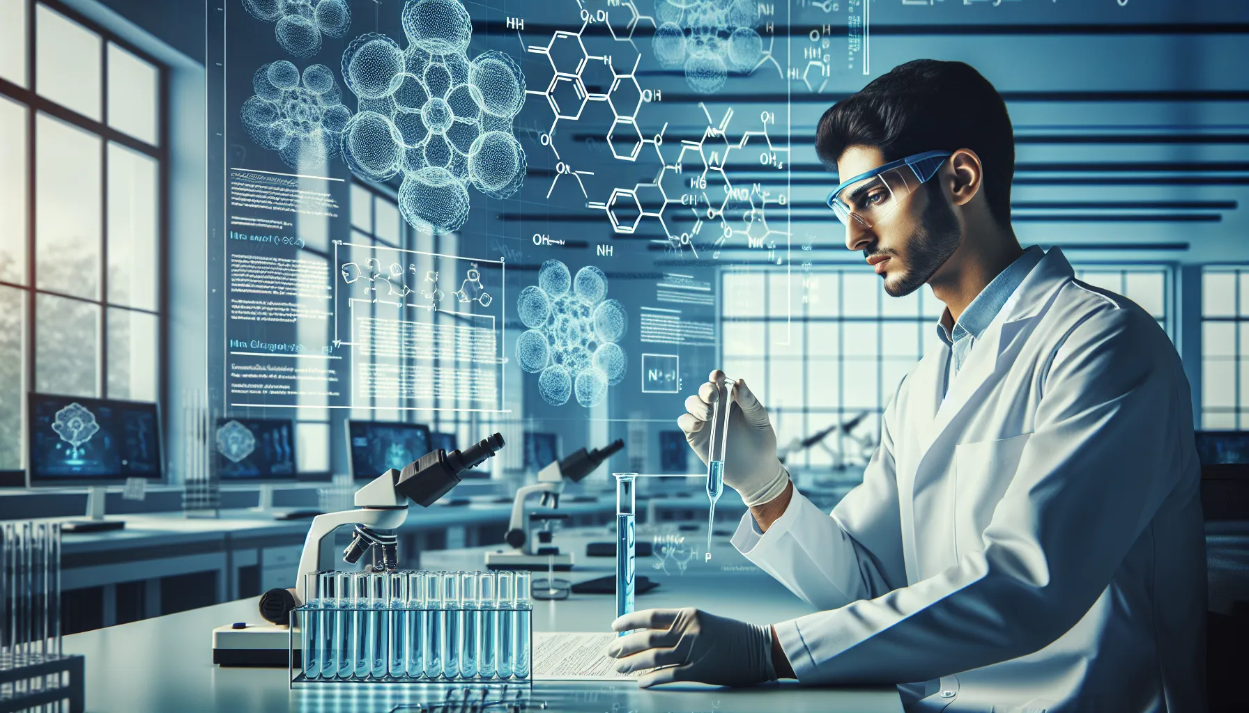 researcher analyzing biochemical processes in a modern lab.