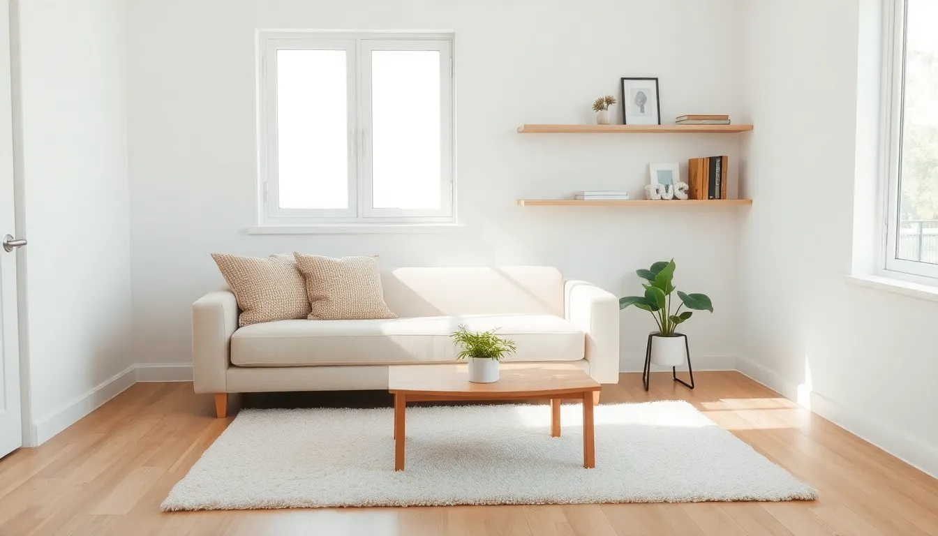 small cozy minimalist living room with natural light and simple decor.