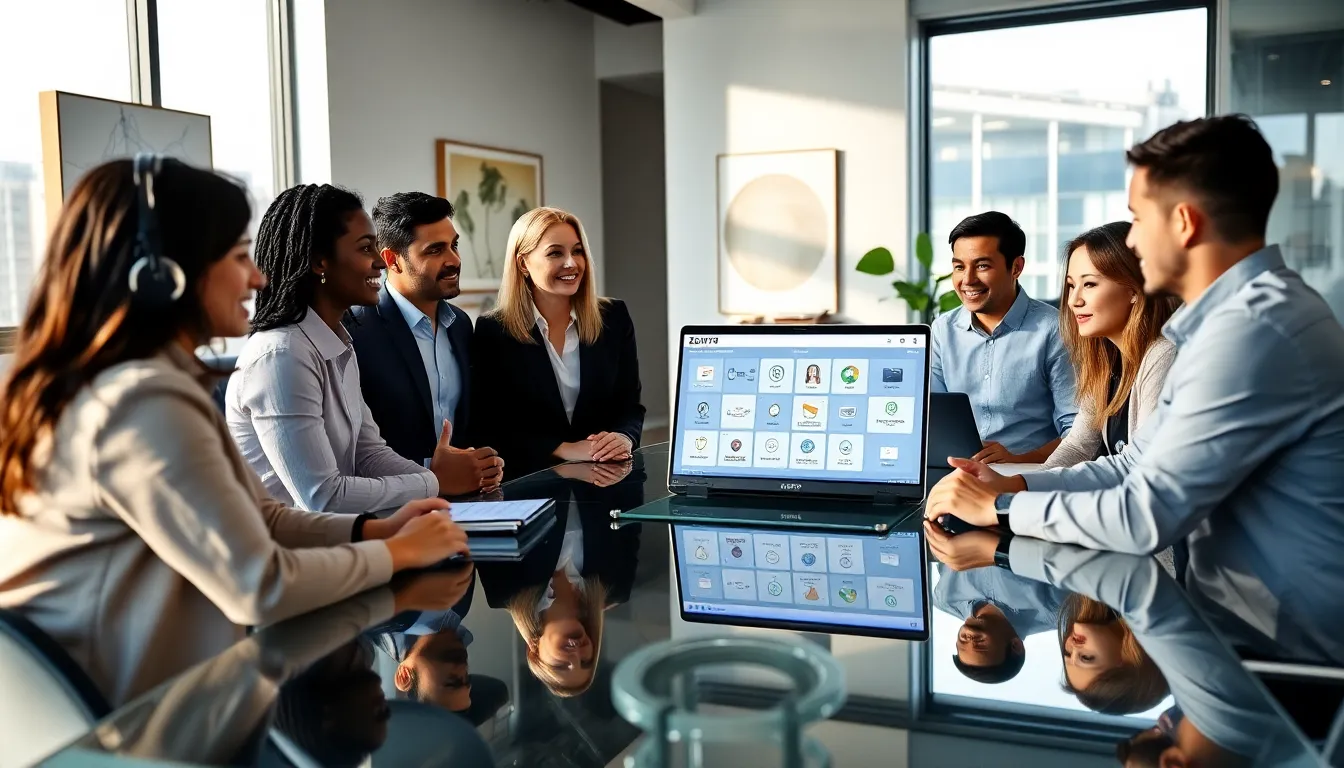 Diverse professionals discussing Zohy76 technology in a modern office.