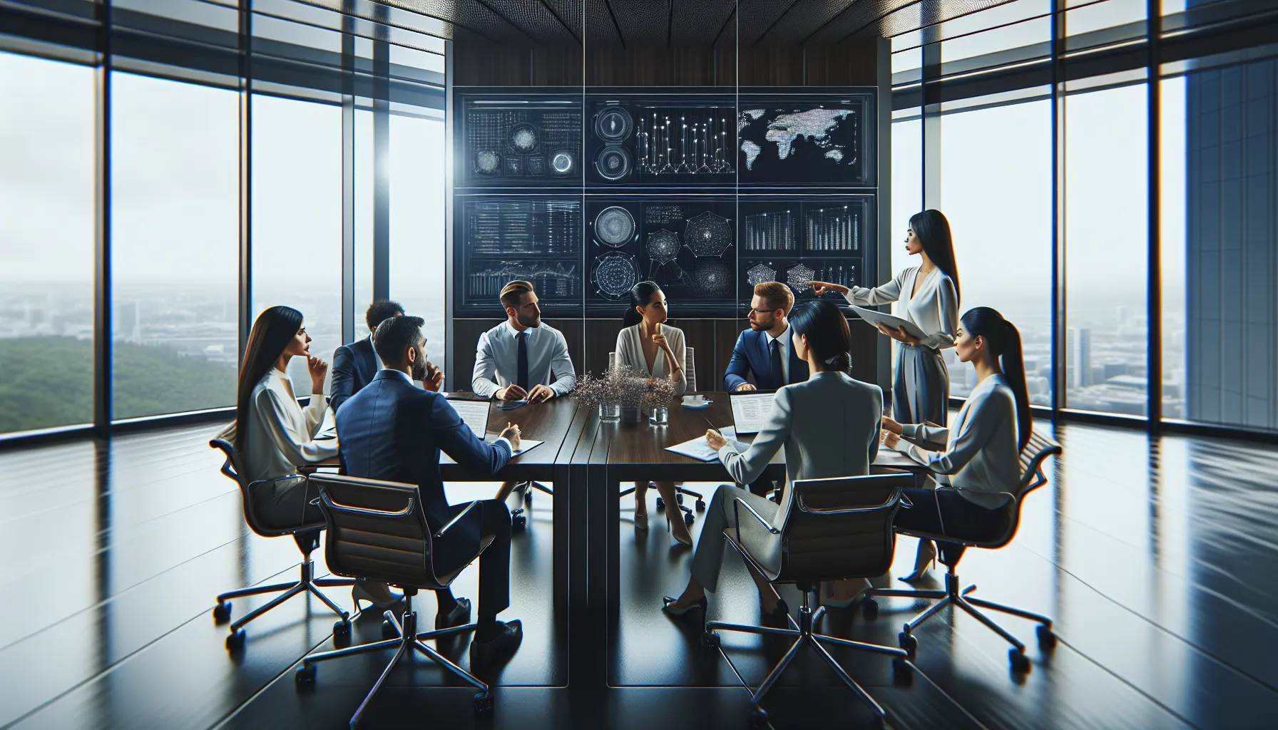 Diverse professionals collaborating in a modern office on marketing strategies.