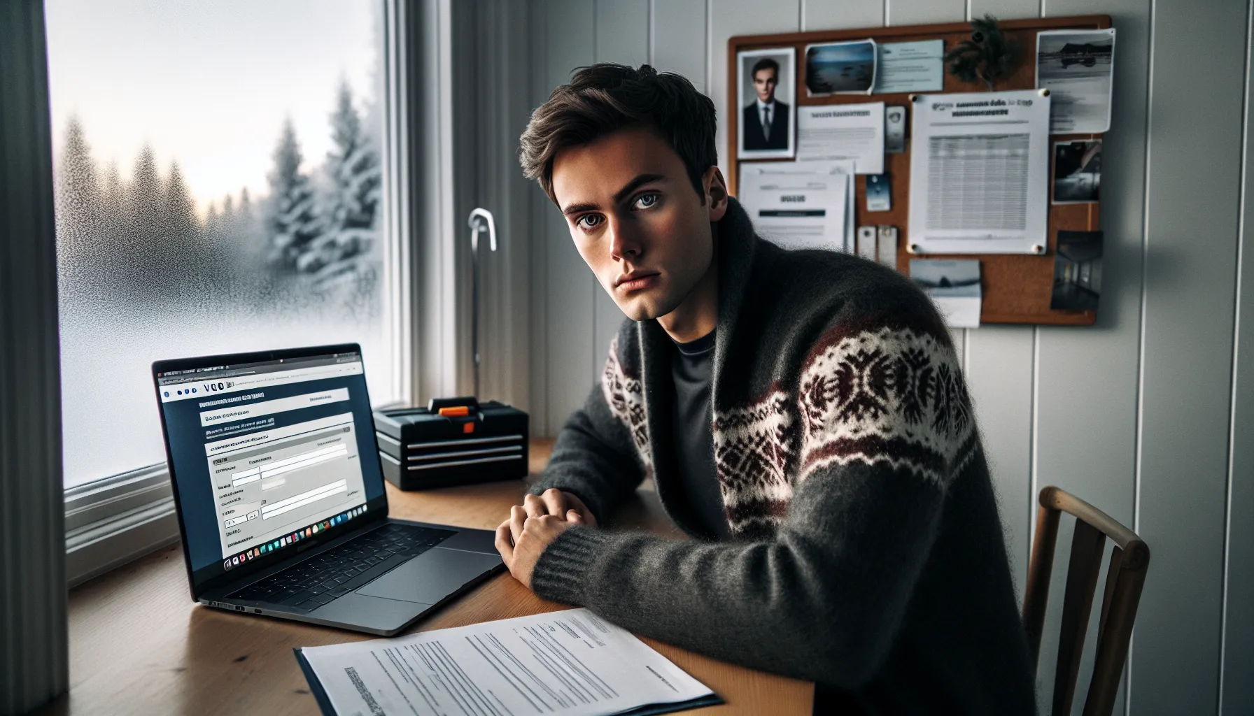 Norwegian student submitting vigo application with electrician tools and documents nearby.
