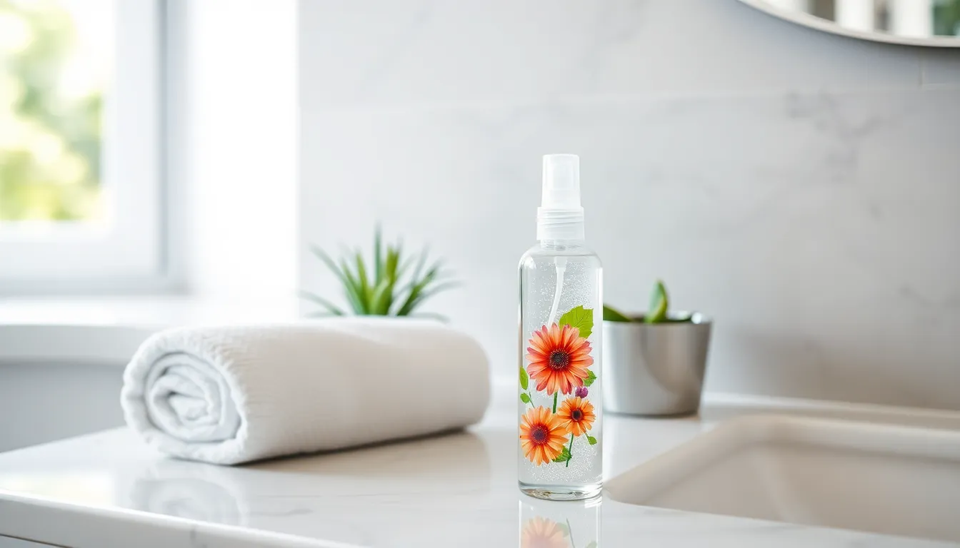 Compact travel size air freshener on a bathroom counter.