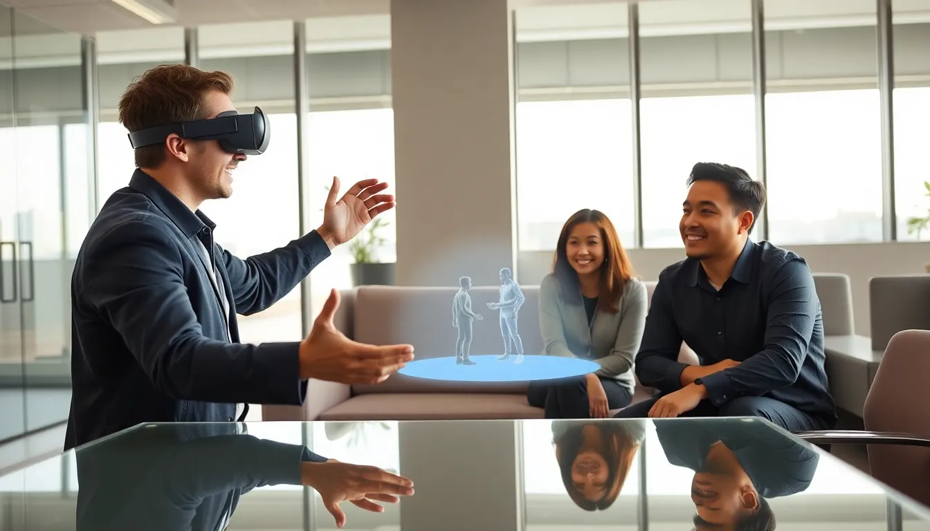 diverse team demonstrating mixed reality with digital hologram headset.