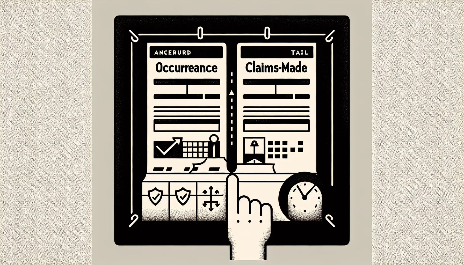 Split line-art document comparing occurrence and claims-made policies with tail icon.