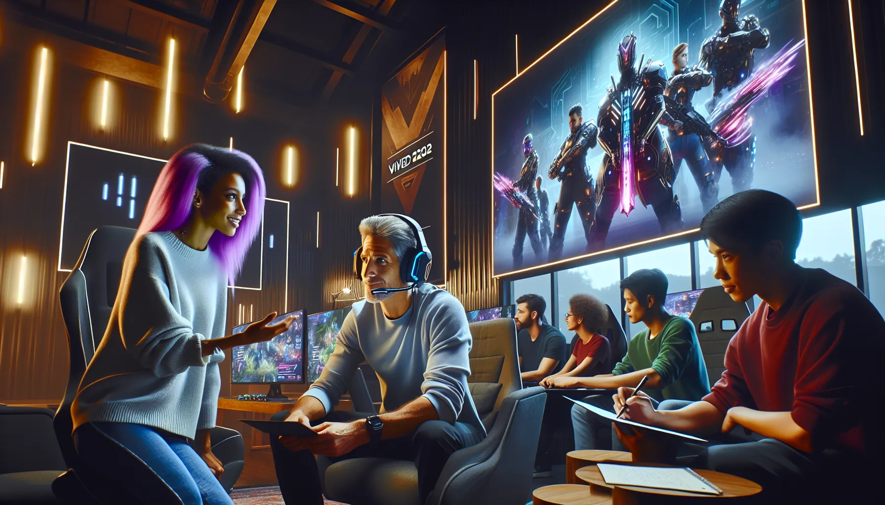 diverse gamers immersed in Vivid2201 at a modern gaming lounge.