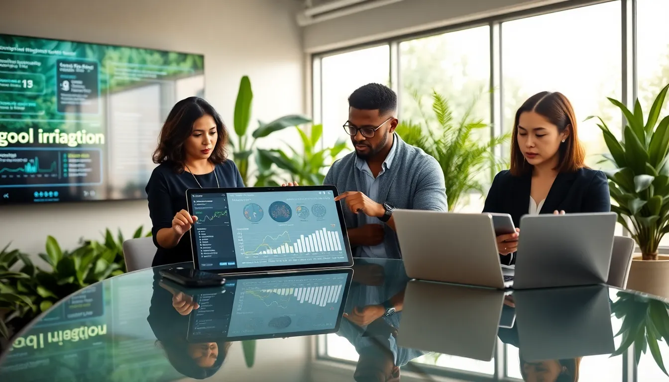 diverse team discussing smart irrigation technology in a modern office.