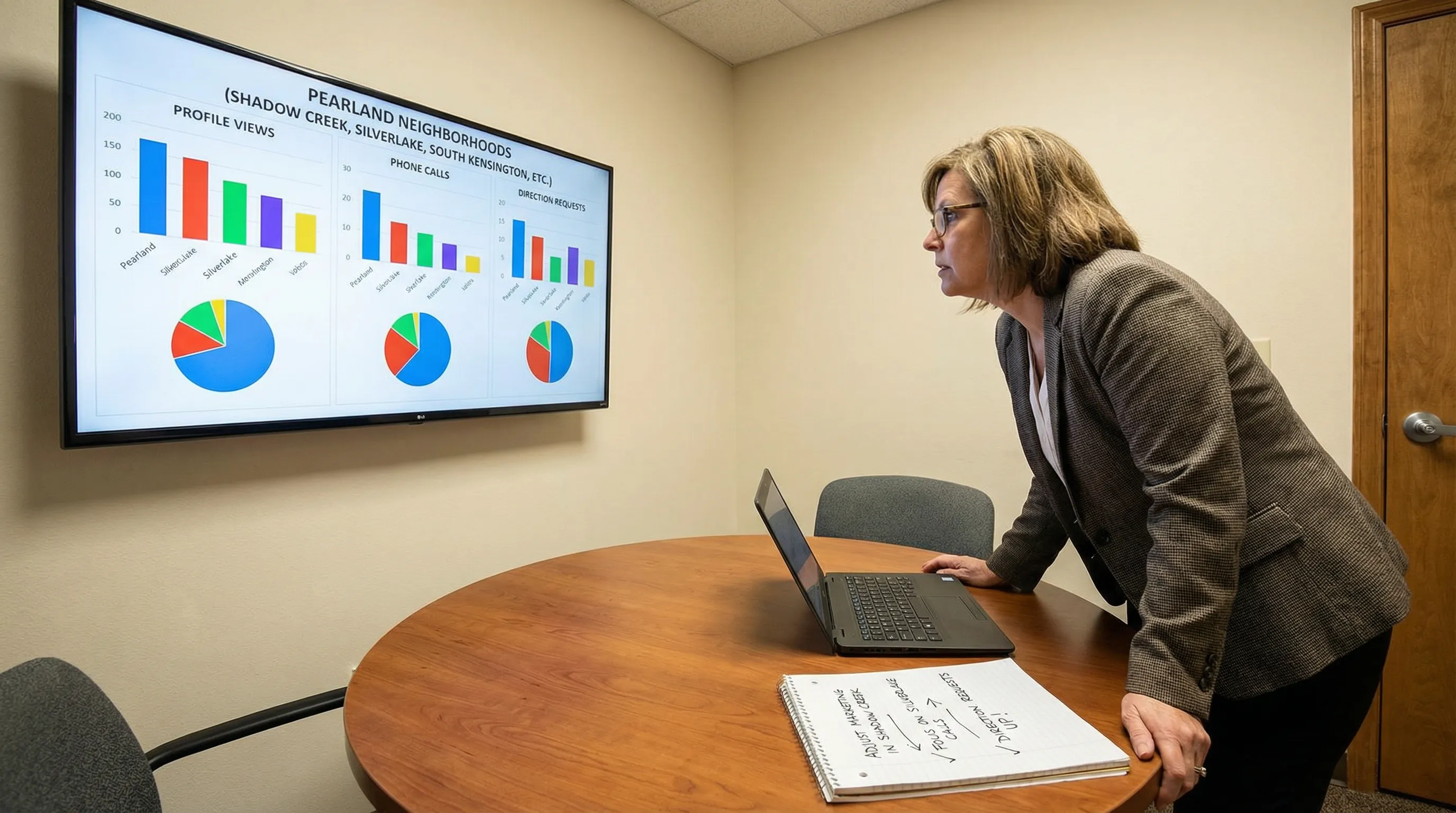 Business owner in a conference room examining charts of local profile views, calls, and direction requests on a large monitor.