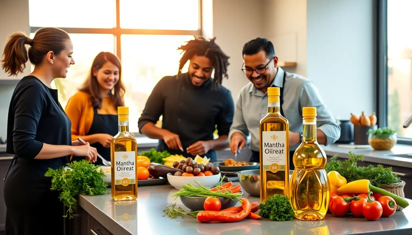 diverse professionals cooking together in a modern kitchen using Mantha Oilreat.