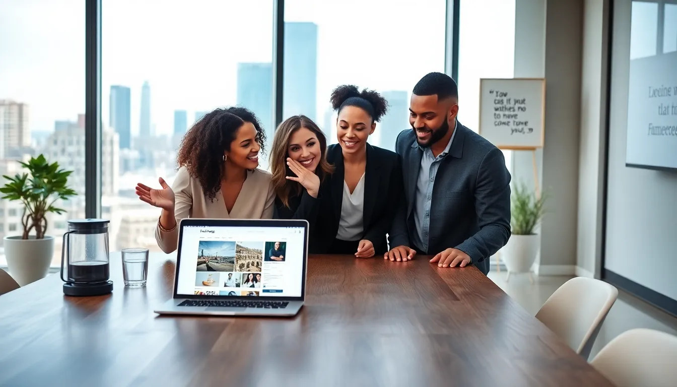 diverse professionals discussing Fameblogs in a modern office.
