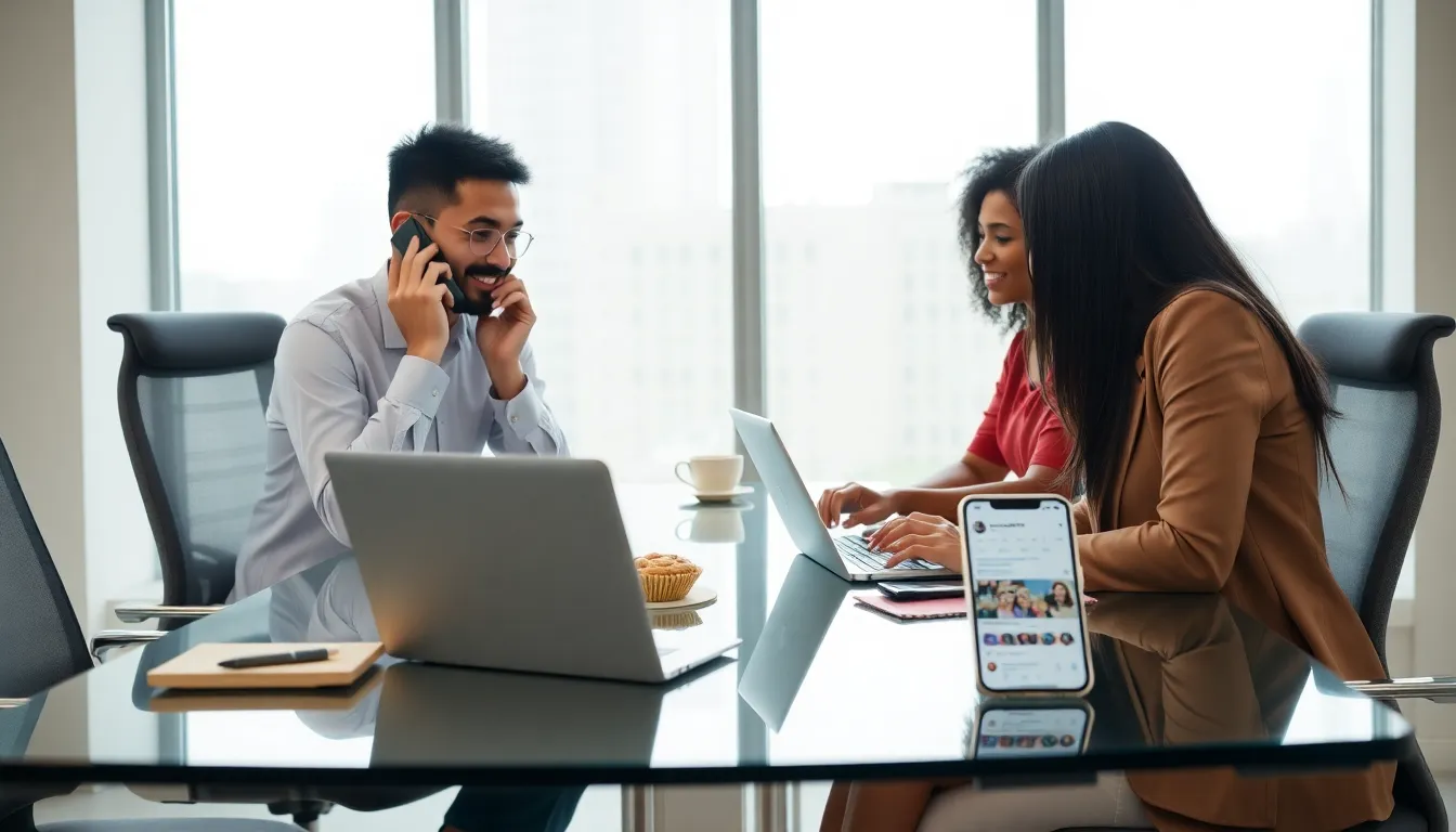 diverse team discussing customer inquiries in a modern office.