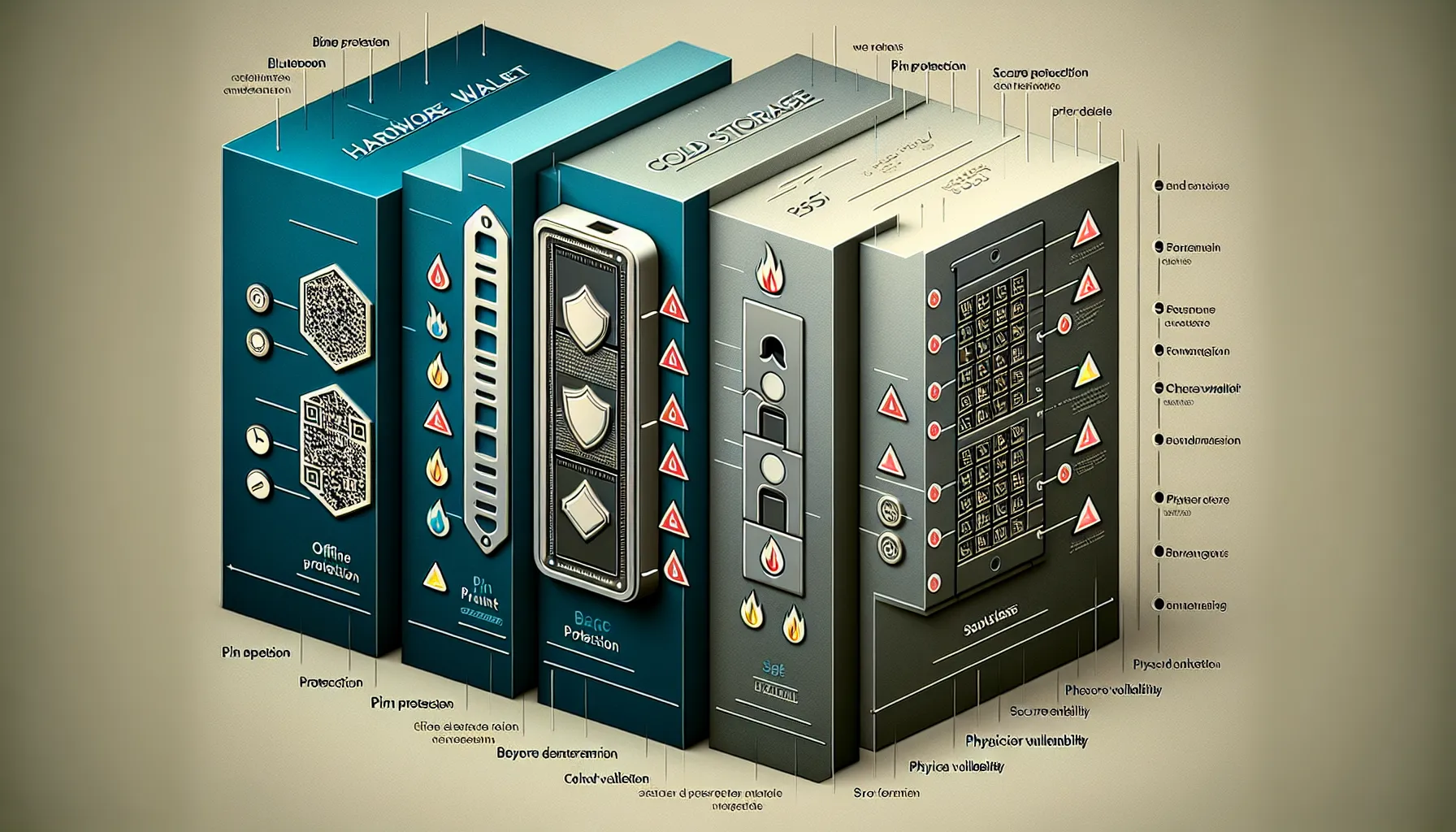 Three-tier comparison of cold storage solutions: hardware wallets, paper wallets, and steel backup devices.