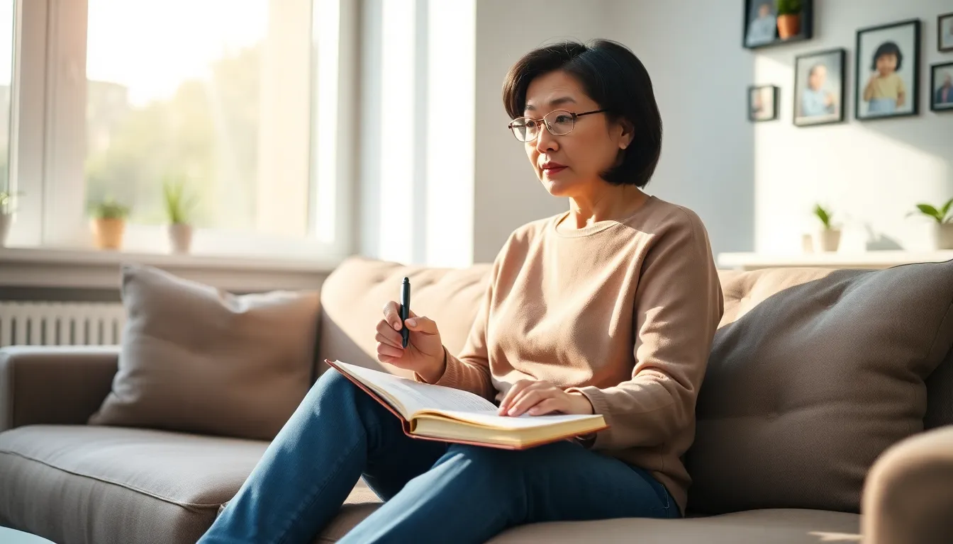 A single mother reflecting on inspirational quotes in a cozy living room.