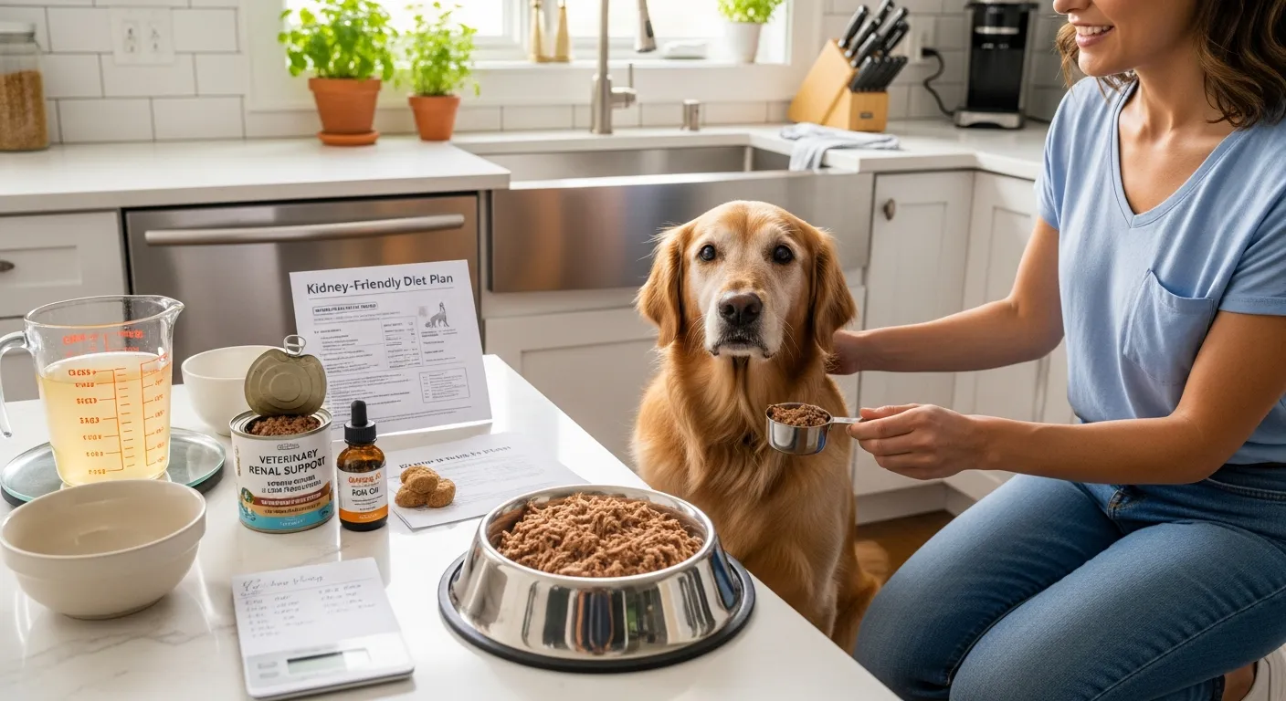 Senior dog eating kidney-support wet food while owner carefully measures its meal.