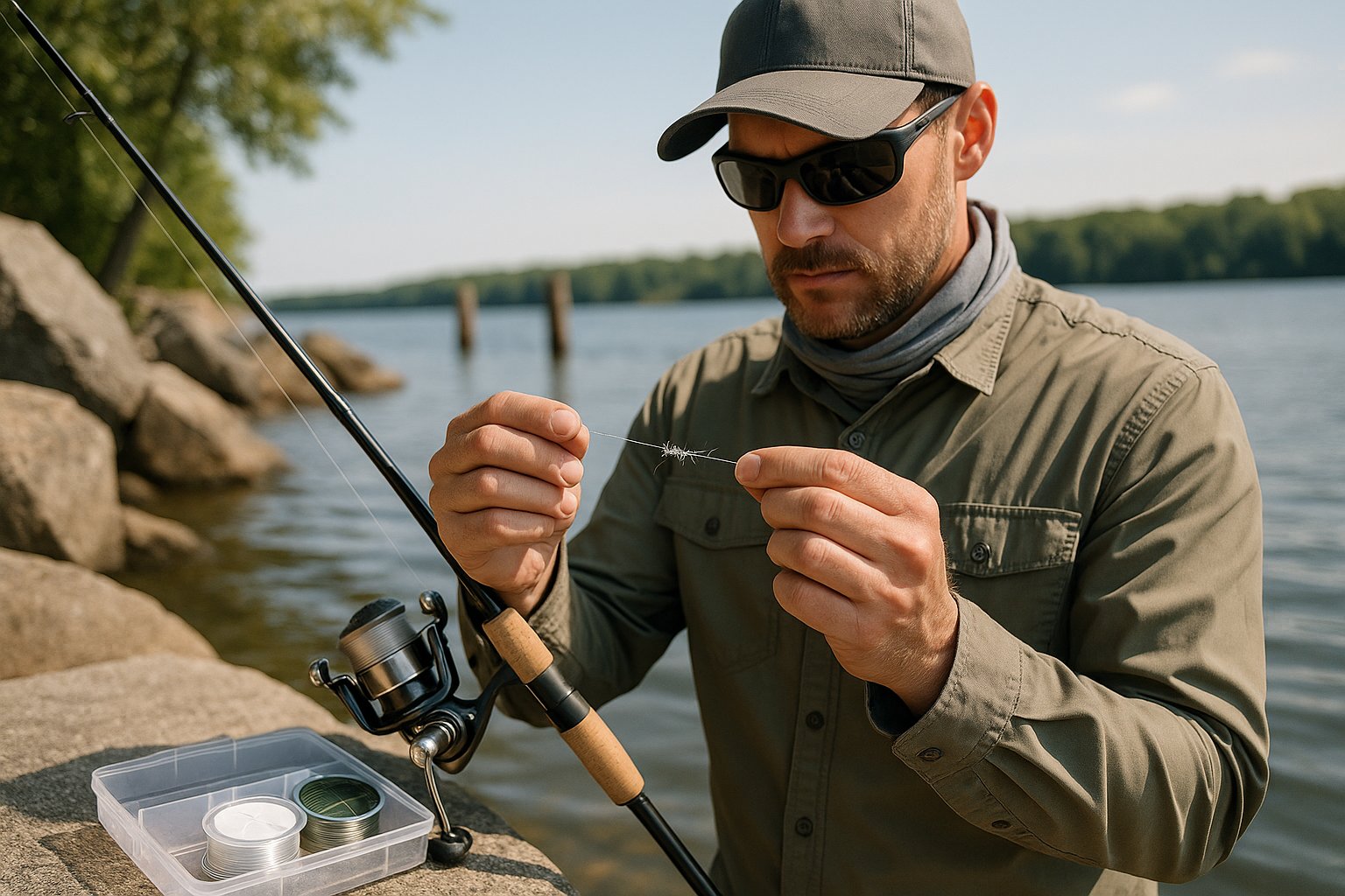 Angler inspecting frayed fishing line beside rocks and dock structure.