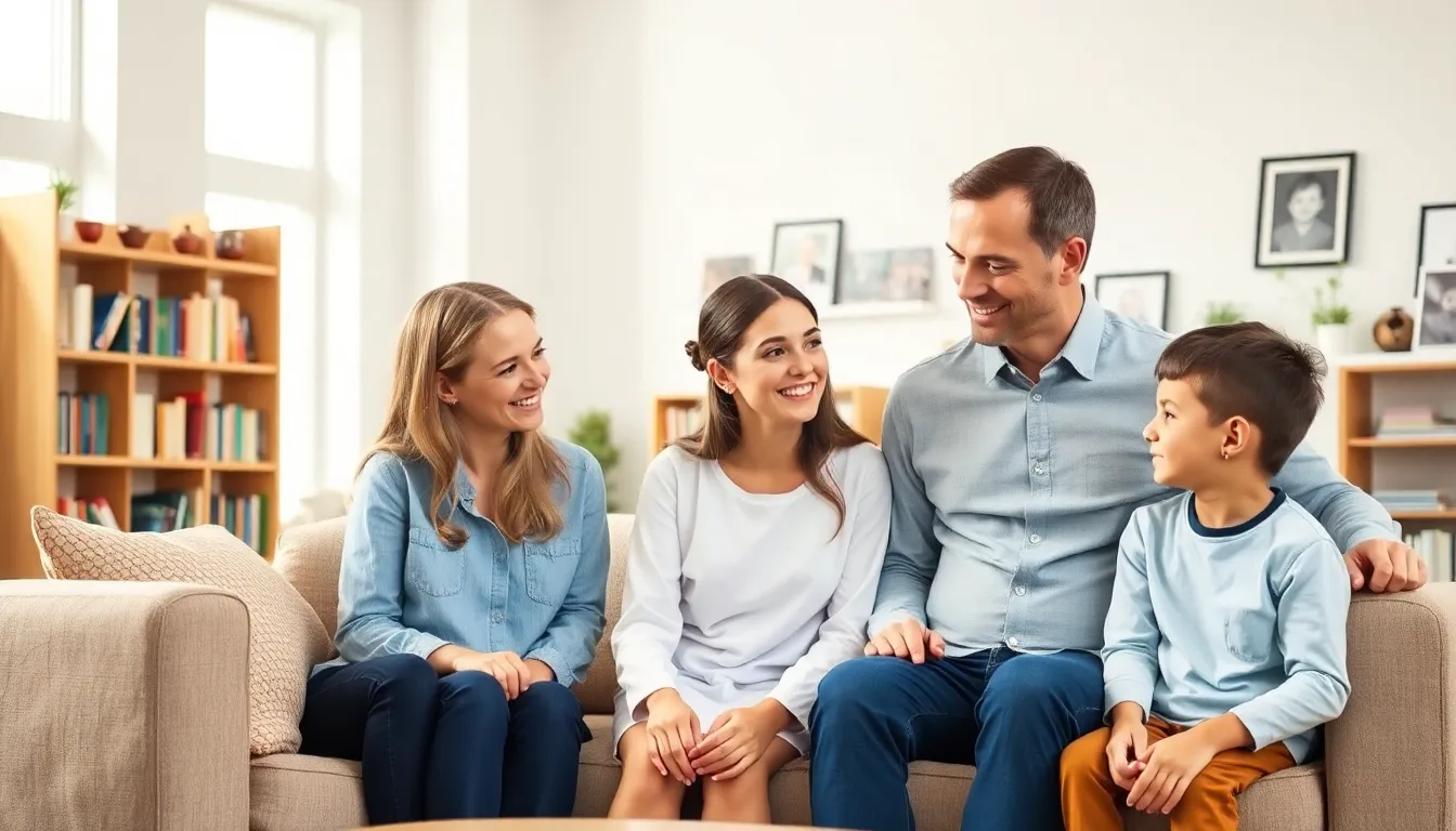 family engaging in open communication in a warm living room.