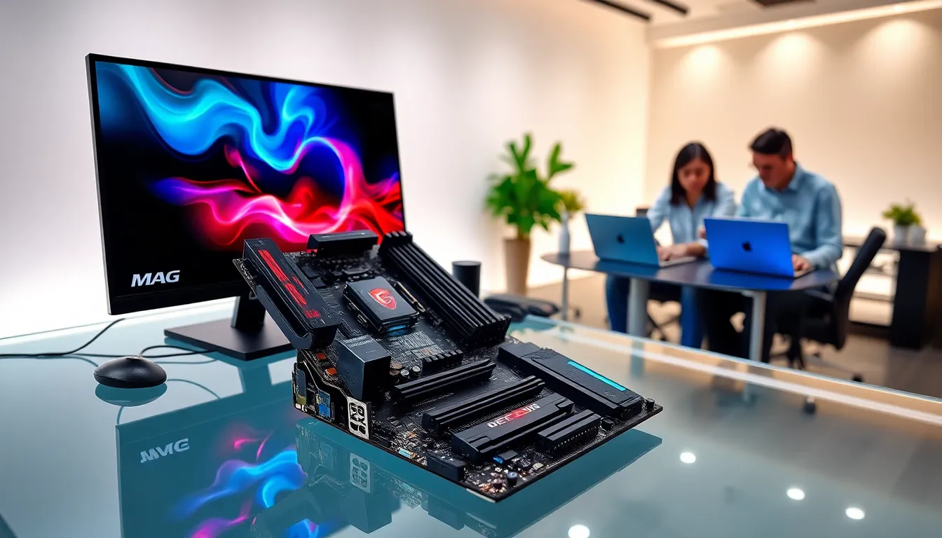 modern workspace showcasing MSI gaming motherboard with professionals collaborating.