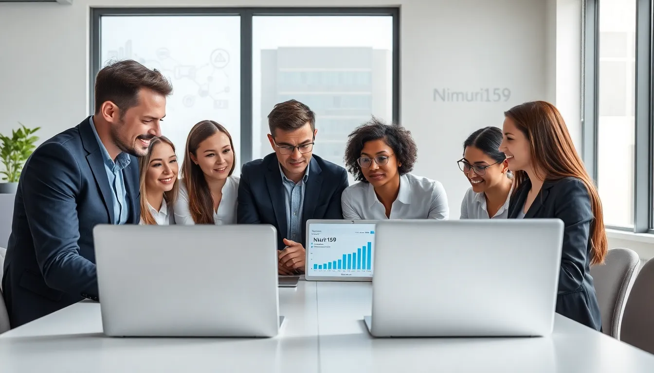 diverse team collaborating on Nimuri159 in a modern office.
