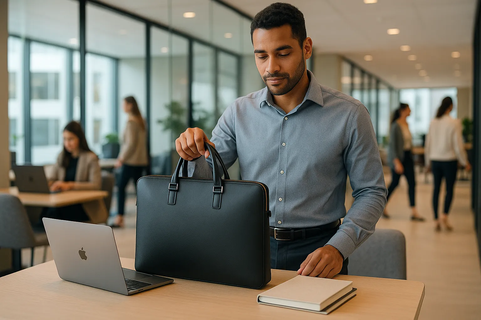Professional man with a sleek leather laptop bag in a modern office.