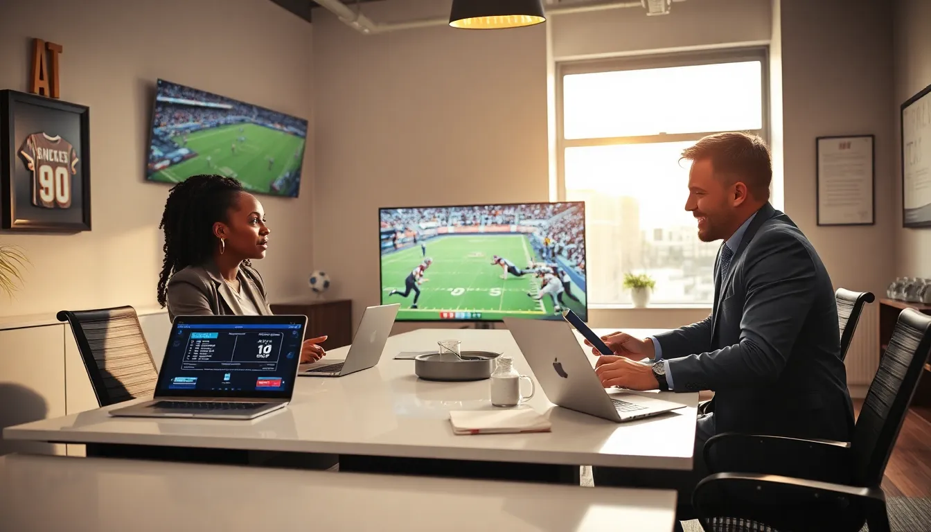 professionals discussing football news in a modern office setting.