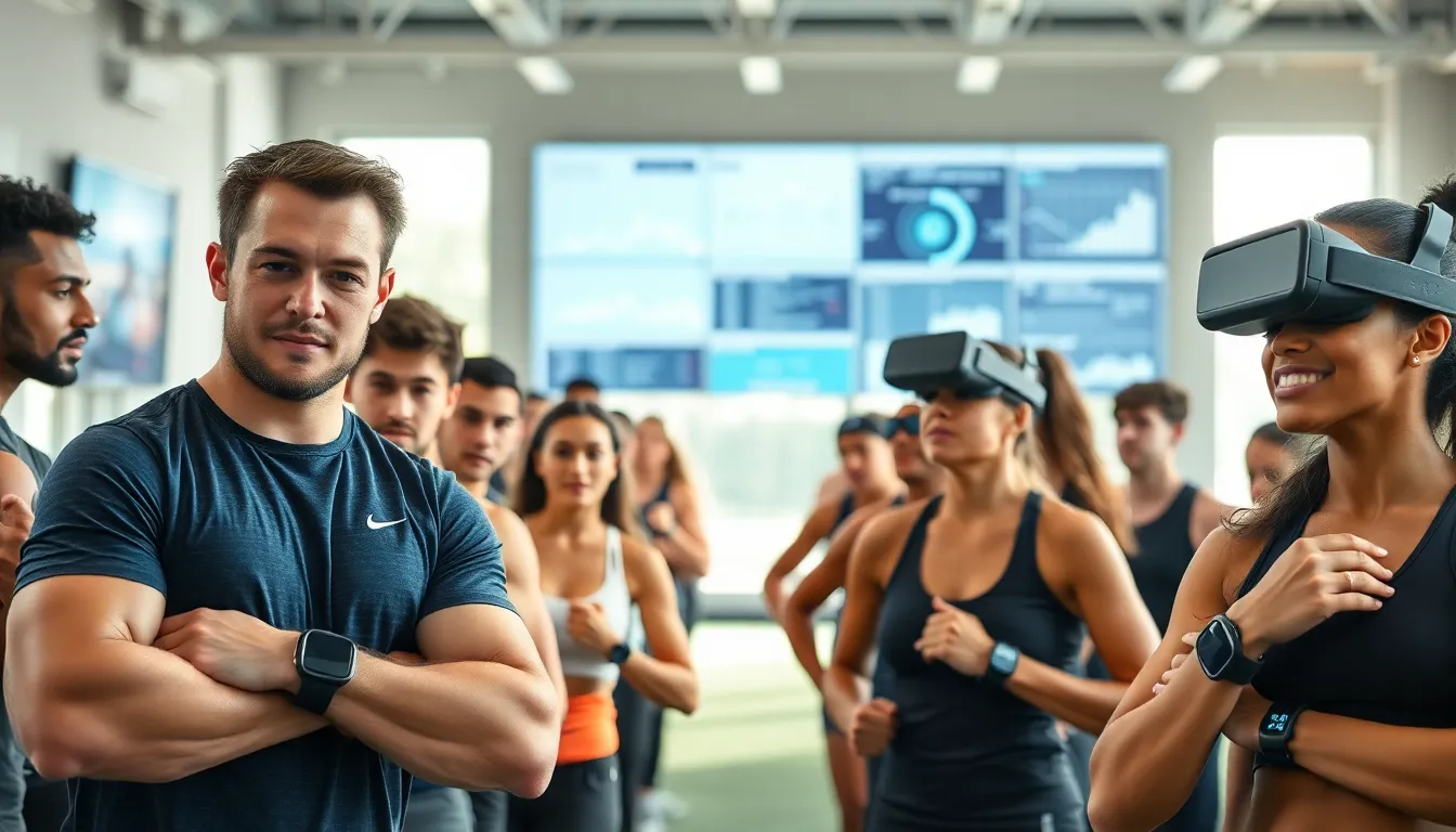 diverse athletes training with smart wearables in a modern sports facility.