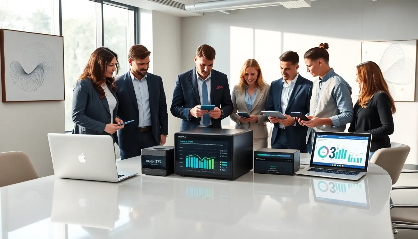 diverse team discussing WebBizMagnet hardware in a modern office.