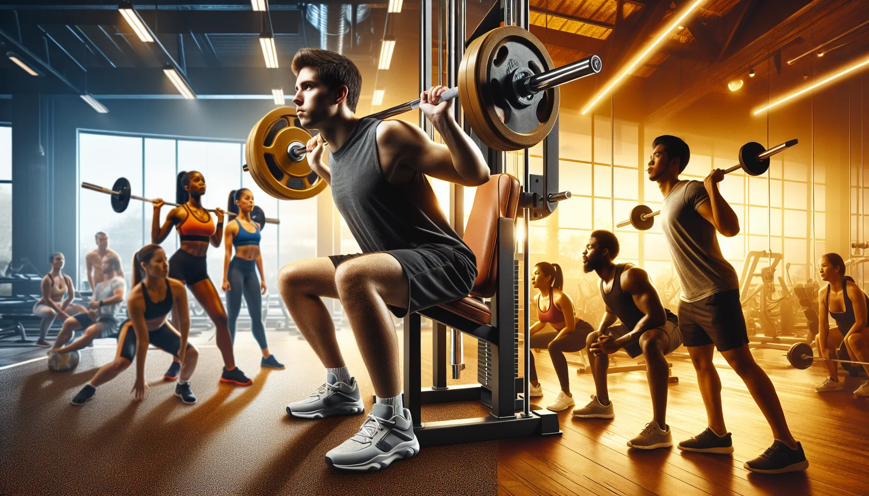 A depiction contrasting focused isolation and multi-muscle compound exercise scenarios in a gym.
