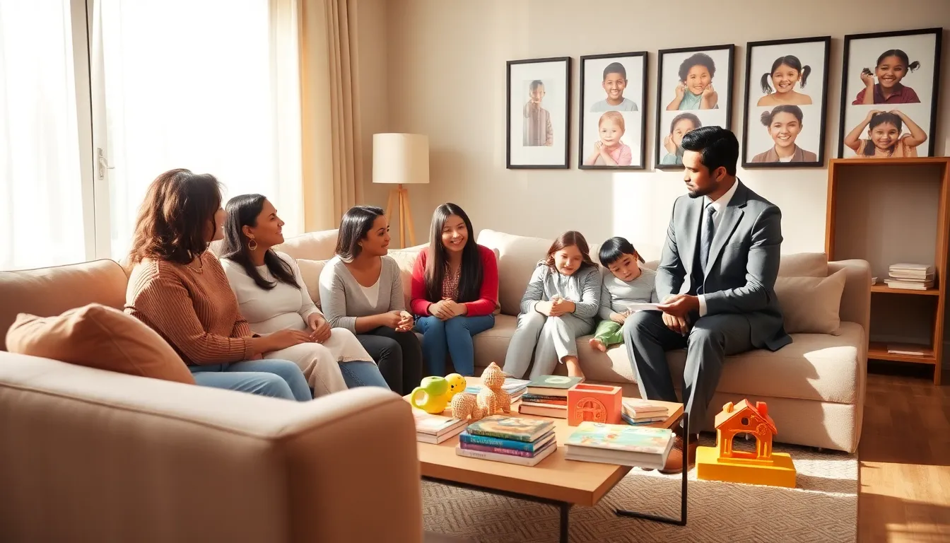 Diverse foster parents discussing care with a social worker in a cozy living room.