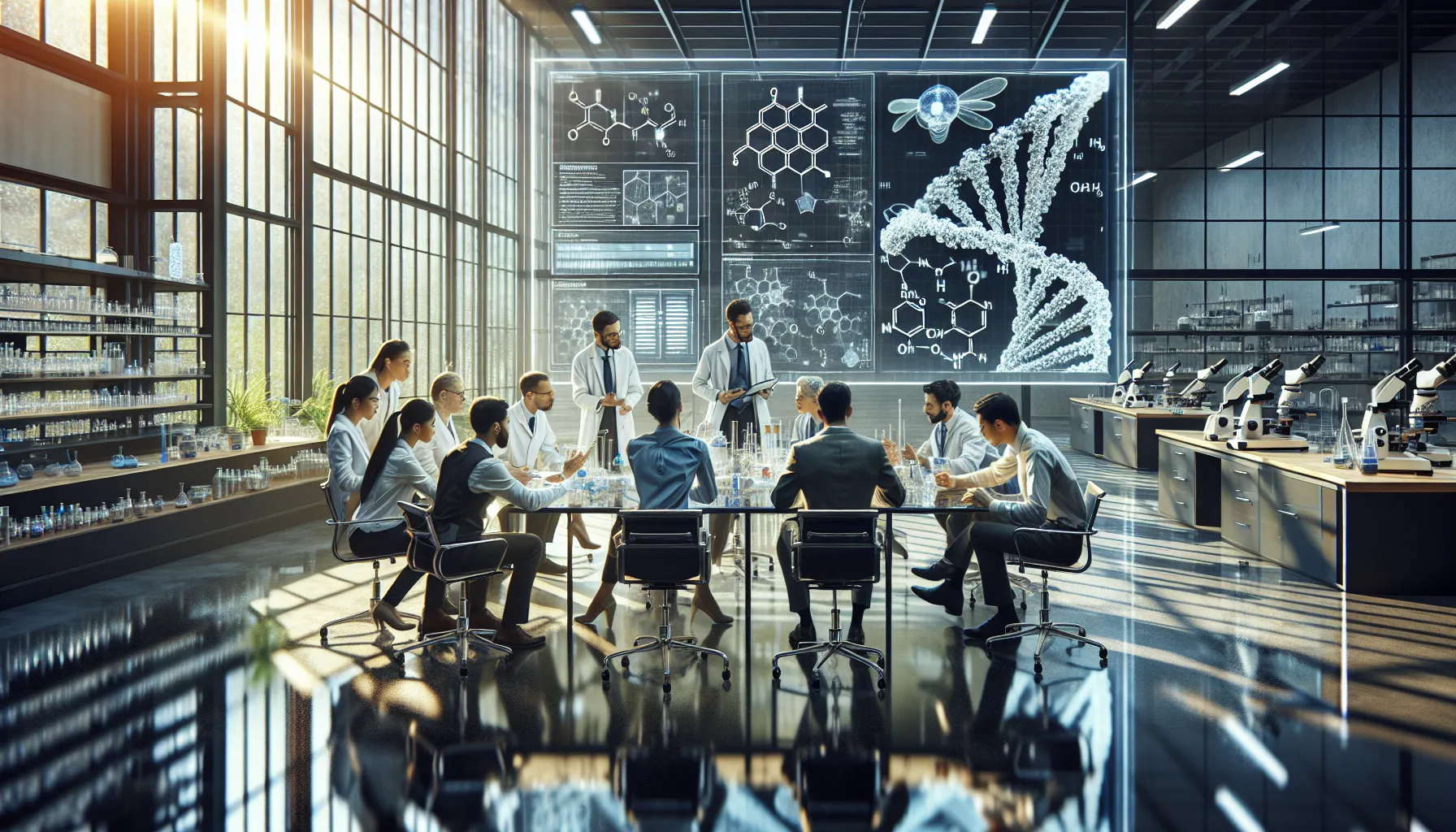 diverse research team collaborating in a modern laboratory setting.