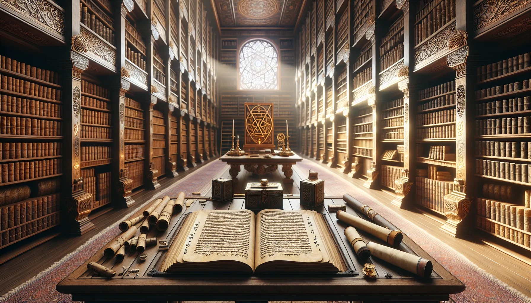 An aged library table with Zoroastrian and Judaic ancient texts.