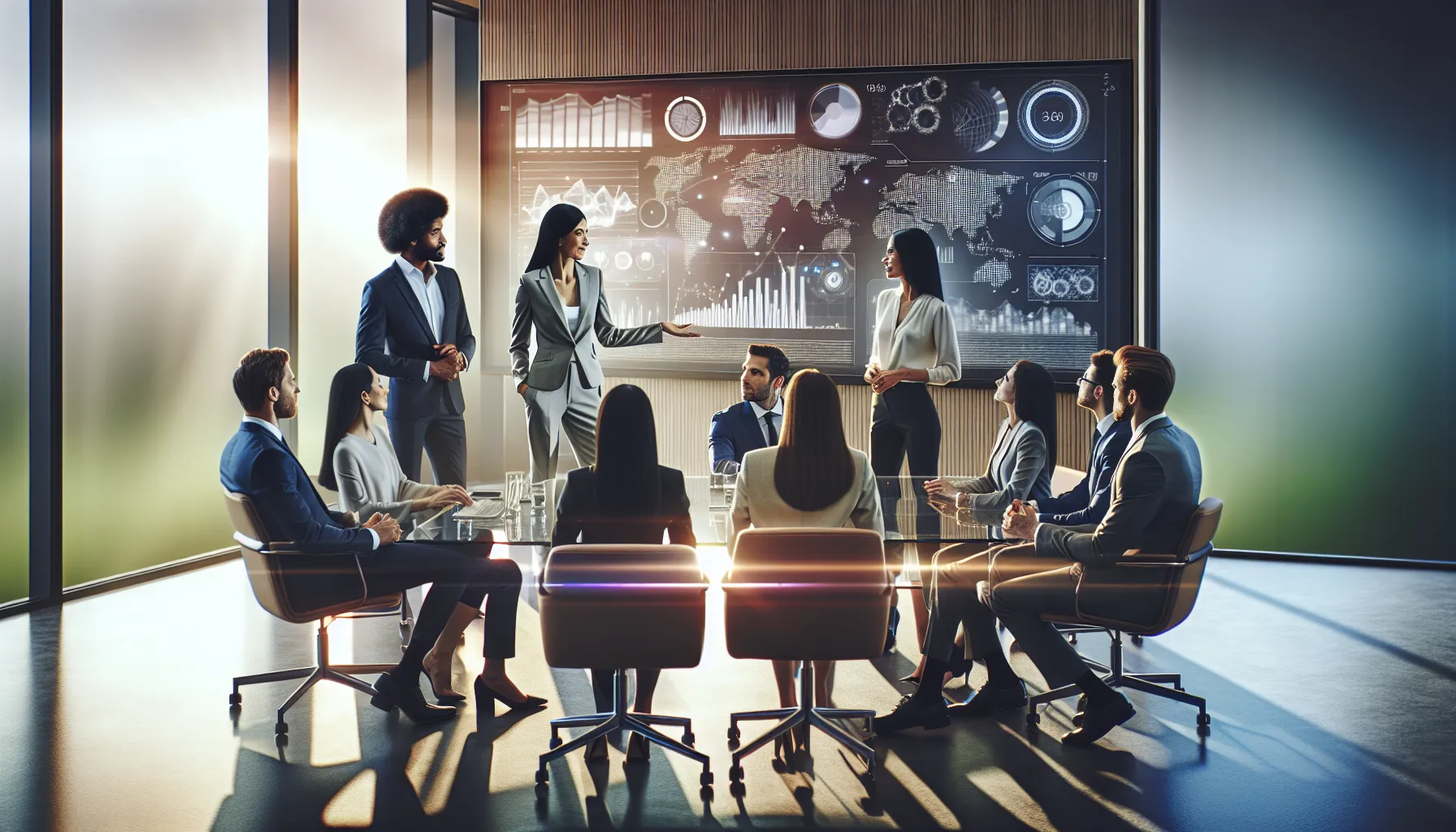 diverse professionals discussing data trends in a modern office.