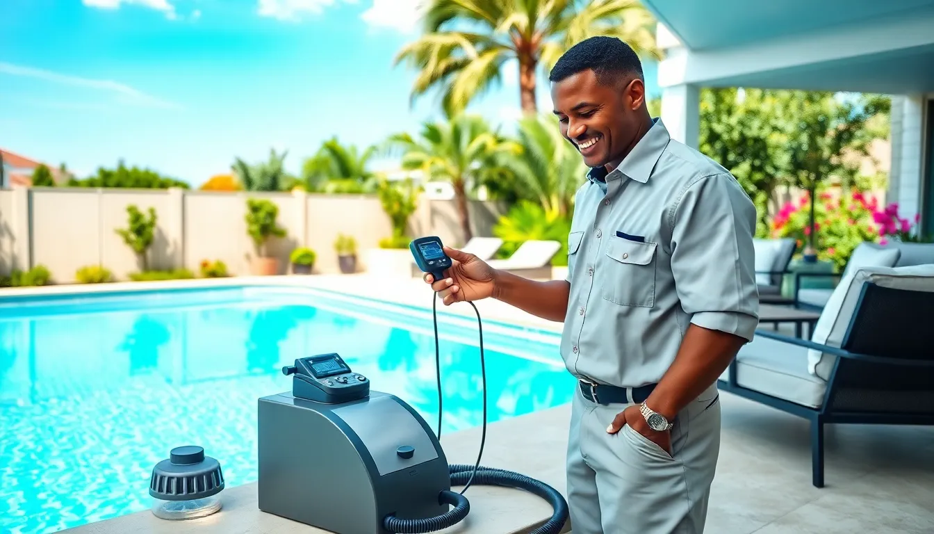 pool technician checking water quality in a bright backyard setting.