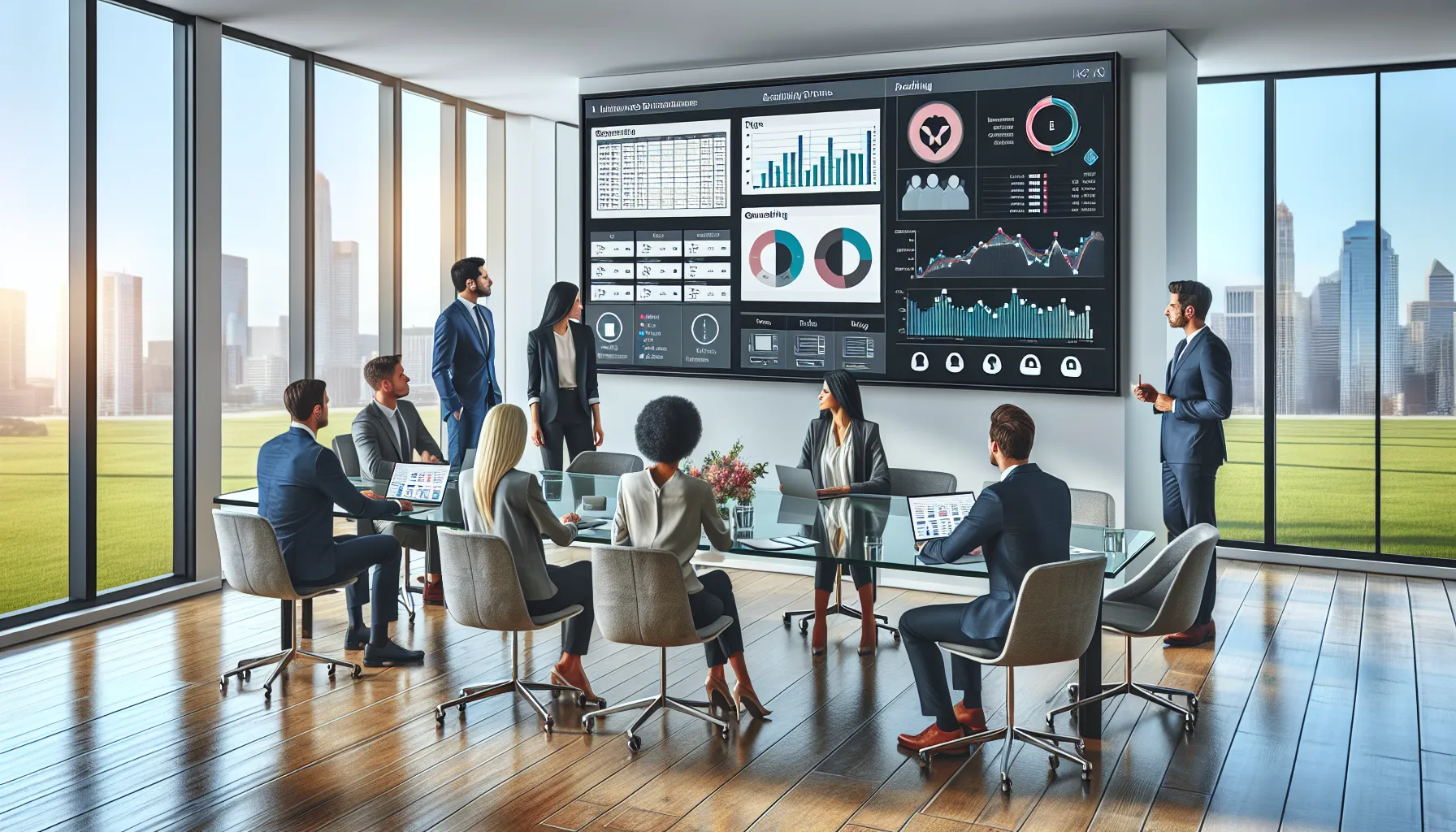 Analytics team reviewing automated Tableau-style reports and narratives in a modern office.