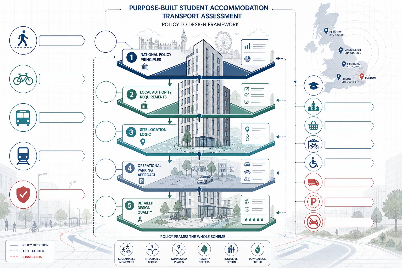 UK PBSA planning infographic showing policy, access, parking, and design factors.