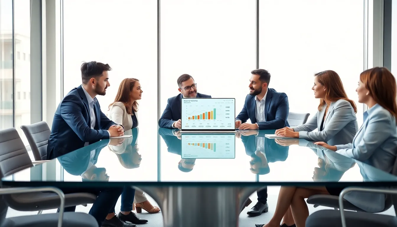 diverse team discussing data in a modern office.