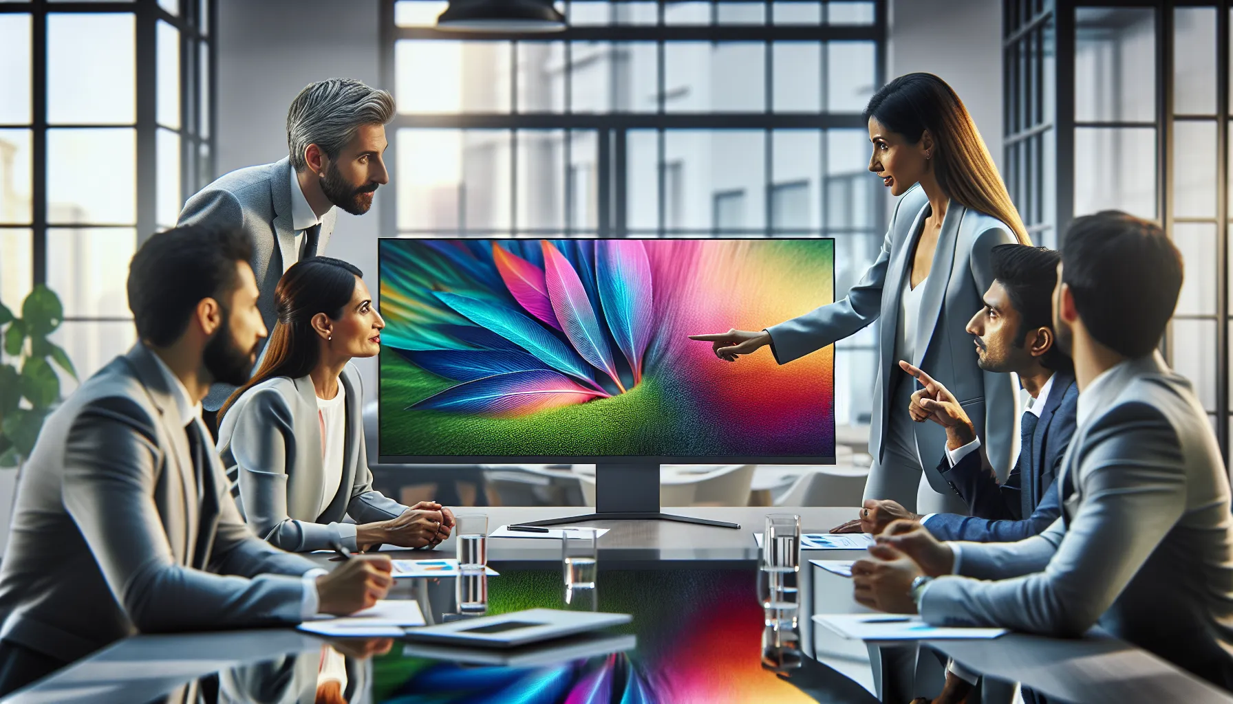 diverse professionals discussing FHD technology in a modern office.