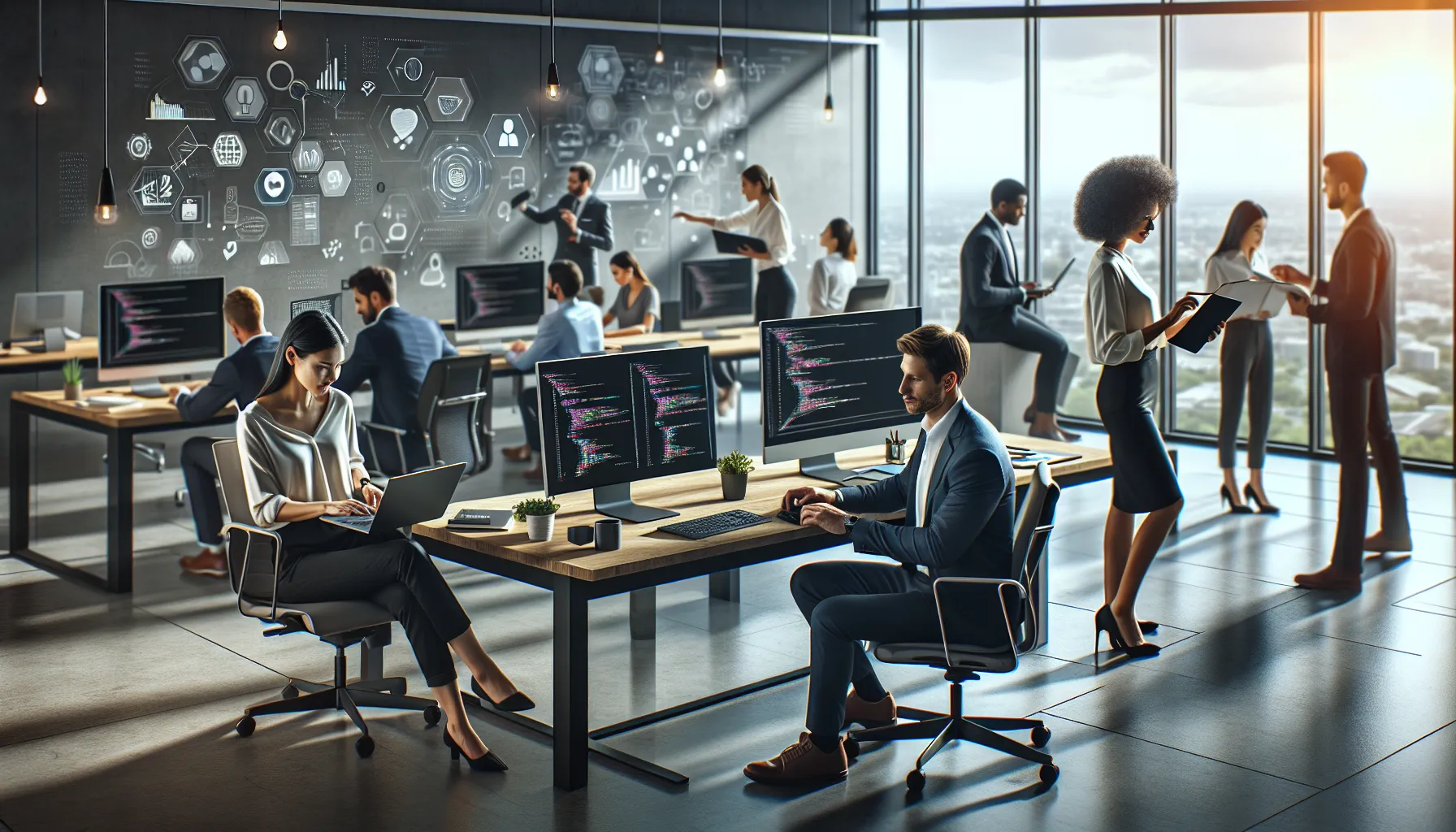 professionals collaborating in a modern workspace with technology and education tools.