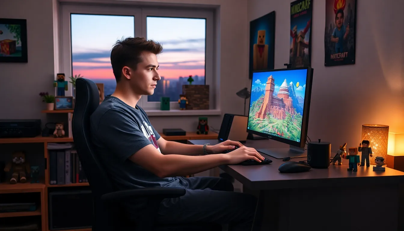 a gamer immersed in Java Minecraft at his computer in a cozy room.