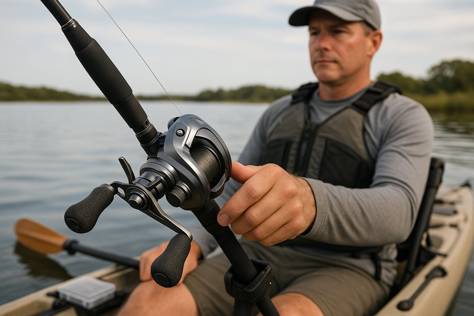 Kayak angler using a durable fishing reel on calm water.