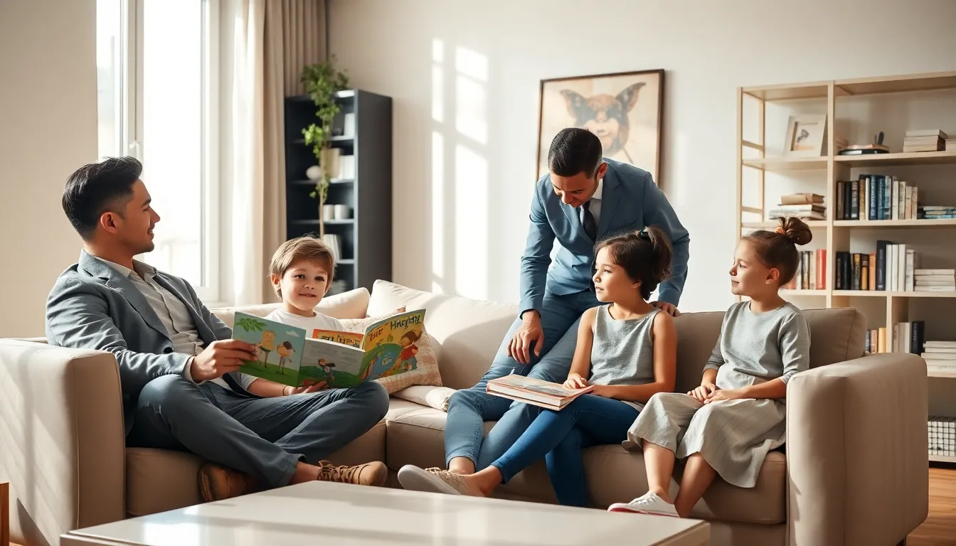 parents engaging with children in a cozy living room.