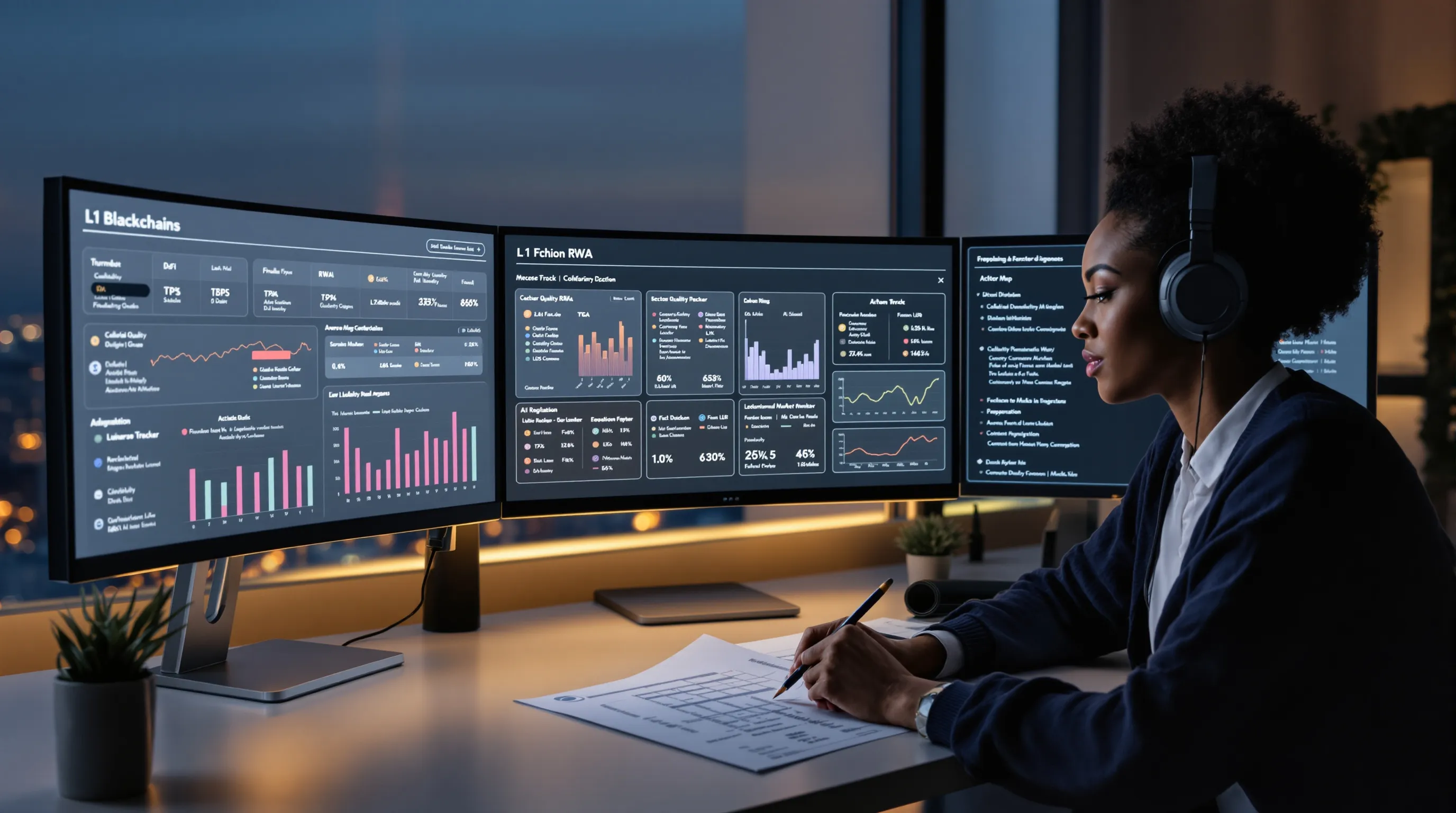Investor analyzes crypto sectors and scorecards on multi-monitor setup at dusk.